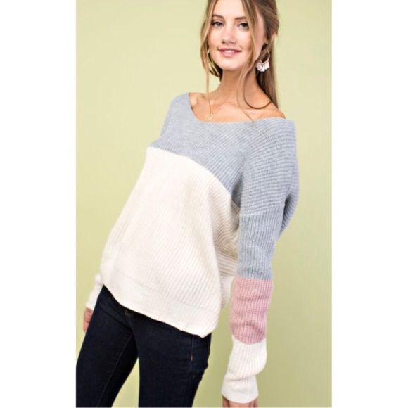 ๐ Mauve Gray Twist Back Colorblock Sweater S M L - Picture 2 of 5